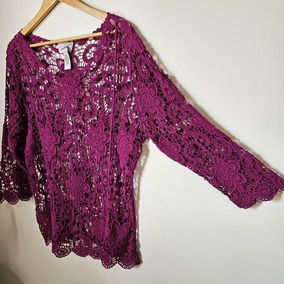 EUC LIKE NEW LE MODA APPLIQUE LACE BOATNECK CROCHET TOP SIZE LARGE - Picture 3 of 12